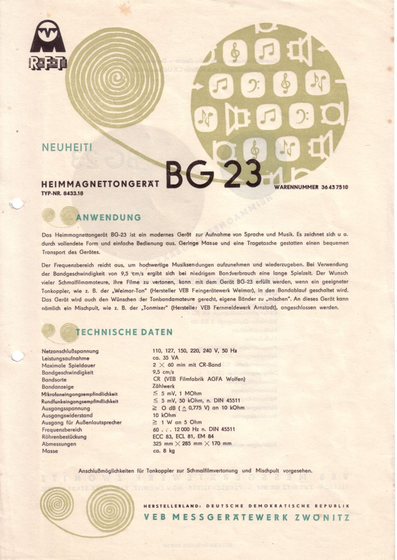 Datenblatt von 1960